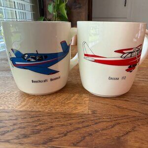 Vintage 1950s USA Airplane Coffee Mugs (2) Cessna and Beechcraft Blue & Red